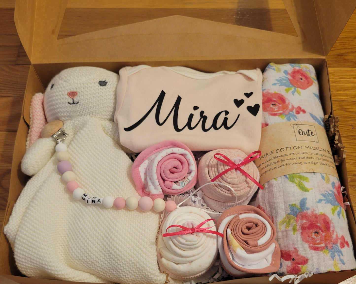 Qute Toy and cupcake baby gift box with custom bodysuit and Binky clip