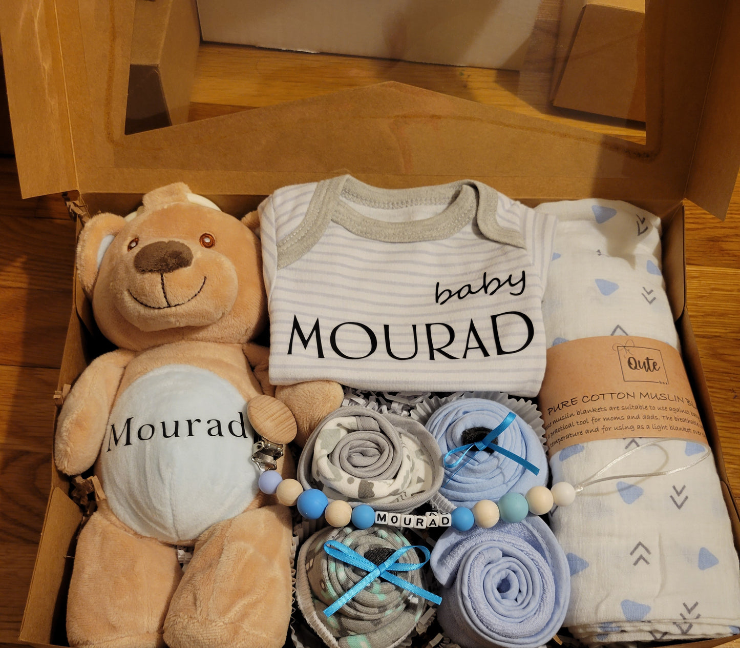 Qute Toy and cupcake baby gift box with custom bodysuit and Binky clip