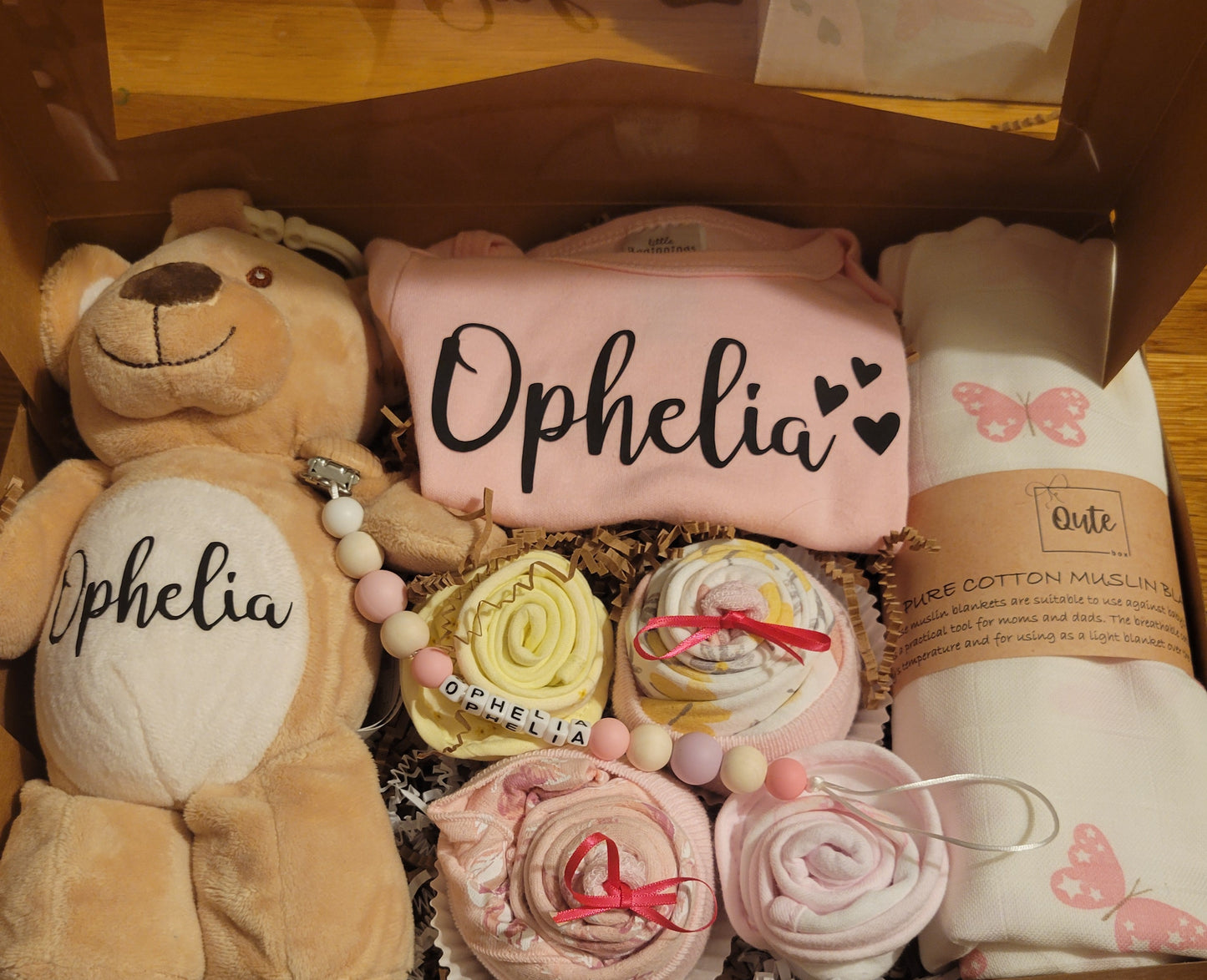 Qute Toy and cupcake baby gift box with custom bodysuit and Binky clip