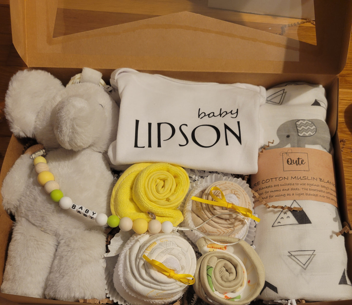 Qute Toy and cupcake baby gift box with custom bodysuit and Binky clip