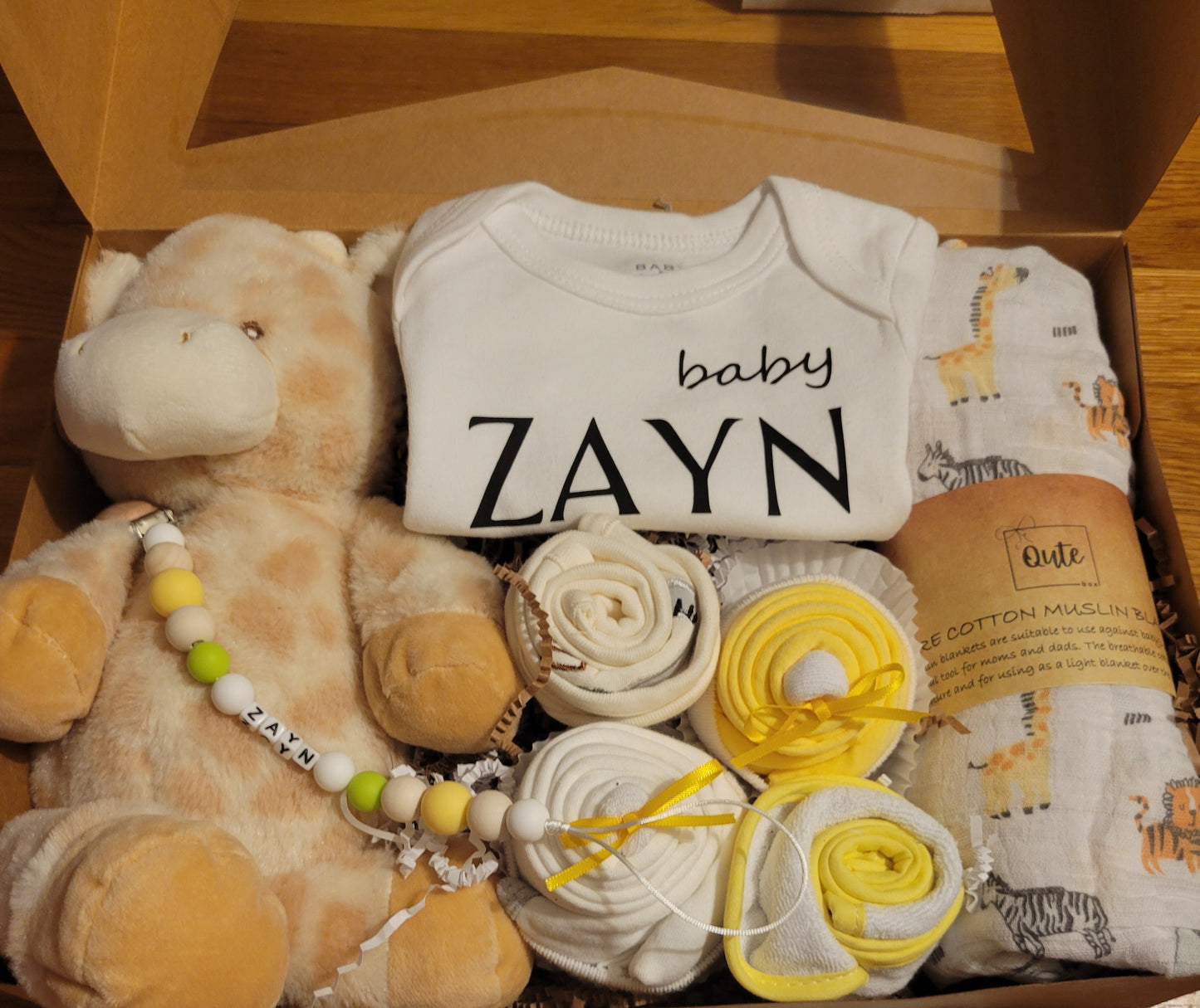 Qute Toy and cupcake baby gift box with custom bodysuit and Binky clip